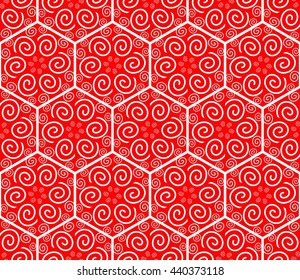 Hexagonal patterns with spiral ornament, seamless geometric ornament.  Vector background with geometric shapes. White line ornament on red background.