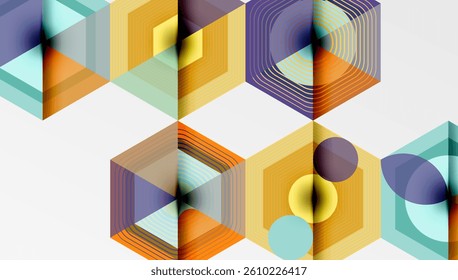 Hexagonal patterns, vibrant colors, geometric shapes, layered design. Abstract composition, modern aesthetic, clean lines, visual harmony.