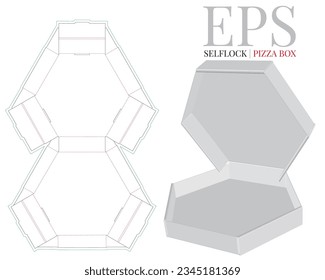 Hexagonal pizza box template, vector with die cut, laser cut lines. Self lock box, cut and fold packaging design. White, clear, blank, isolated open Hexagonal pizza box mock up on white background