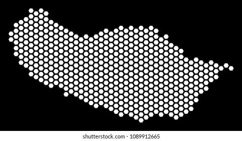 Hexagonal Portugal Madeira Island map. Vector territorial plan on a black background. Abstract Portugal Madeira Island map collage is formed of hexagonal items.