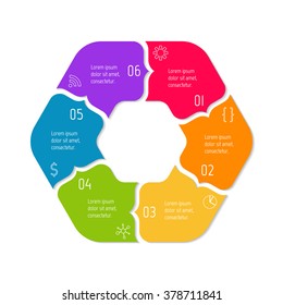 Hexagonal progress steps for tutorial. 6 options paper infographic banner. Number banner template for diagram, presentation or chart. Business concept sequence banner. Curved arrow workflow layout.