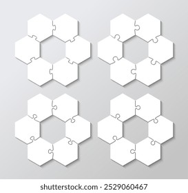 Conjunto de peças de quebra-cabeça hexagonal. Pensando jogo de mosaico com 6 formas. Esquema simples com detalhes separados. grade de quebra-cabeça. Cortando modelo. Apresentação de negócios para infográficos. Ilustração vetorial.