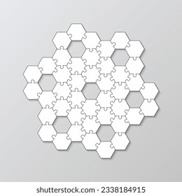 Hexagonal puzzle pieces. Thinking mosaic game with jigsaw grid shapes. Simple scheme with separate details. Cutting template. Business presentation for infographics. Vector illustration.