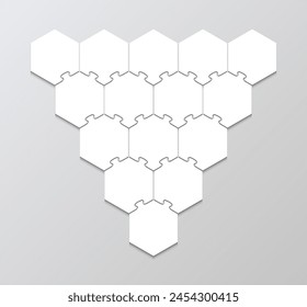 Hexagonal pyramid grid. Hexagon presentation infographic puzzle. Jigsaw business info graphic. Mosaic silhouette of thinking game. Business presentation for infographics. Vector illustration