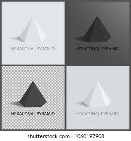 Hexagonal pyramid set on dark light and transparent backgrounds, three dimensional geometric shapes of hexagonal pyramid, geometric 3D figure vector