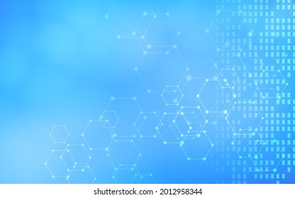 Hexagonal and rectangular abstracts with a digital network image, blue gradient background