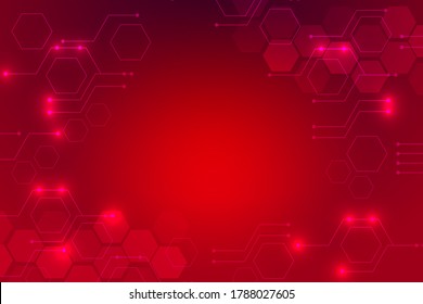 Hexagonal red technology background with various technological elements. The concept of innovative high-tech communications. Digital technology and engineering.