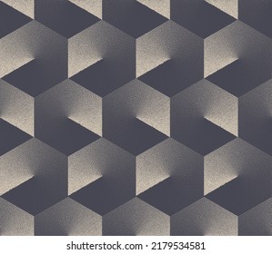 Hexagonal Retro Futuristic Seamless Pattern Vector Abstract Sci-Fi Technology Background. Hexagons Honeycomb Cell Structure Repetitive Graphic Wallpaper. Half Tone Art Geometric Stippled Illustration