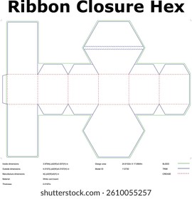 Hexagonal Ribbon Closure Box Template Layout For Product Packaging Design And Die Cutting On White Cardboard For Manufacturing