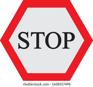 
hexagonal road sign in black, white and red