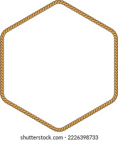 Hexagonal rope frame isolated on white background. Twisted cord with decorative loops and nautical knots. Braided rope decor. Vintage flat cartoon vector border.