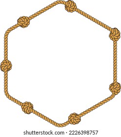 Hexagonal rope frame isolated on white background. Twisted cord with decorative loops and nautical knots. Braided rope decor. Vintage flat cartoon vector border.