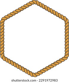 Hexagonal rope frame isolated on white background. Twisted cord with decorative loops and nautical knots. Braided rope decor. Vintage flat cartoon vector border.