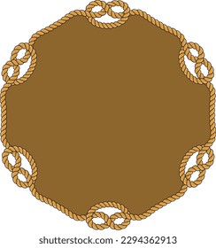 Hexagonal rope frame isolated on white background. Twisted cord with decorative loops and nautical knots. Braided rope decor. Vintage flat cartoon vector border.