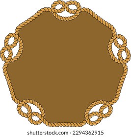 Hexagonal rope frame isolated on white background. Twisted cord with decorative loops and nautical knots. Braided rope decor. Vintage flat cartoon vector border.