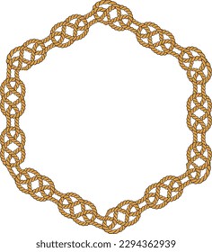 Hexagonal rope frame isolated on white background. Twisted cord with decorative loops and nautical knots. Braided rope decor. Vintage flat cartoon vector border.