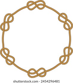 Hexagonal rope frame isolated on white background. Twisted cord with decorative loops and nautical knots. Braided rope decor. Vintage flat cartoon vector border.