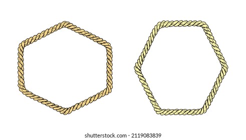 Hexagonal rope frame vector illustration. Hexagon shaped border decoration element. 