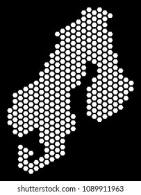 Hexagonal Scandinavia map. Vector territory scheme on a black background. Abstract Scandinavia map collage is composed with hexagonal spots.