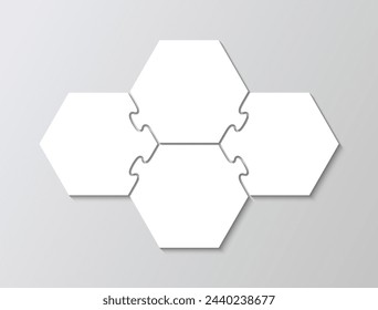 Hexagonal esquema de pensamiento juego con 4 detalles. Plantilla de rompecabezas de hexágono. Corte de piezas de rompecabezas de cuadrícula. Fondo moderno con formas de mosaico. Baldosas de marco simple. Ilustración vectorial.