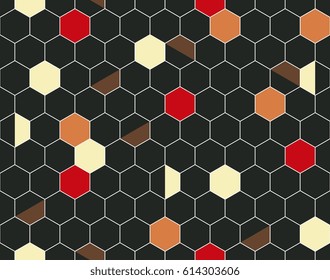 Hexagonal seamless pattern with abstract ornament of colorful spots. Vector illustration. 