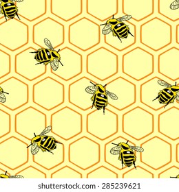 Hexagonal seamless pattern with bees