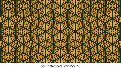 Hexagonal seamless pattern with golden and green geometric motifs creating a structured decorative texture.