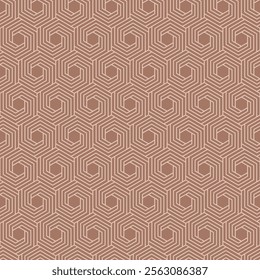 Hexagonal seamless pattern of monochromatic hexagon shapes. Geometric surface design of abstract line arts. Abstract texture on coffee mocha color background.