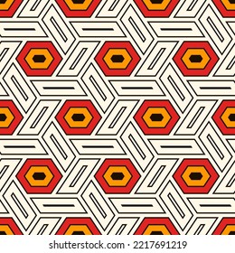 Hexagonal seamless pattern. Mosaic tiles. Geometrical wallpaper. Honeycomb print. Ethnic ornament illustration. Wicker background. Flooring image. Geometric backdrop. Vector artwork.