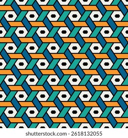 Hexagonal seamless pattern. Mosaic tiles. Geometrical wallpaper. Honeycomb print. Ethnic ornament illustration. Wicker background. Flooring image. Geometric backdrop. Vector work.