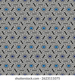 Hexagonal seamless pattern. Mosaic tiles. Geometrical wallpaper. Honeycomb print. Ethnic ornament illustration. Wicker background. Flooring image. Geometric backdrop. Ethnical vector