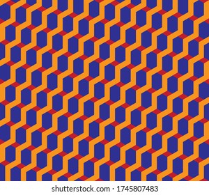 Hexagonal seamless vector pattern. Light orange zig zag diagonal stripes and red rhombi on purple background create optical illusion of volume and steps going up. Simple and modern textile design.