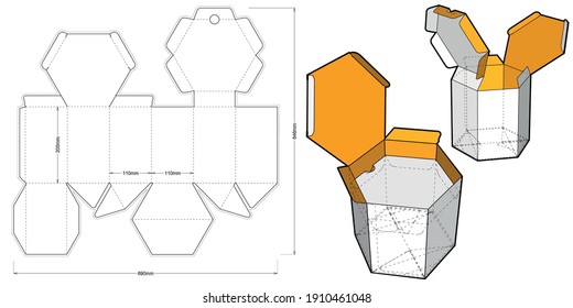 Empaquetado de autoensamblaje hexagonal con divisor de dos cotas y patrón de corte por mugre. El archivo .eps es de escala completa y totalmente funcional. Preparado para la producción real de cartón.