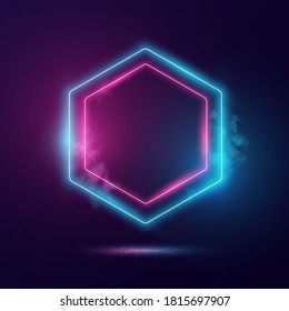 Fondo del banner de la luz de neón de forma hexagonal.