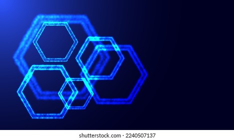 Hexagonal shapes made of small glowing particles with depth of field. Glowing neon particles honeycomb shapes. Technology abstract background.