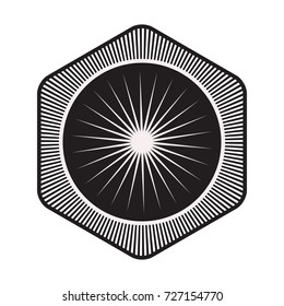 hexagonal shield in black silhouette with internal circle and decorative edge striped vector illustration