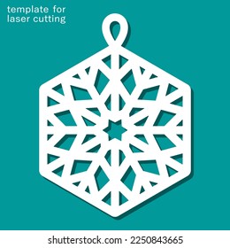Hexagonal snowflake pendant. Hanging decoration with a geometric pattern of lines, stars. Template for plotter laser cutting of paper, fretwork, wood carving, metal engraving, cnc. Vector illustration