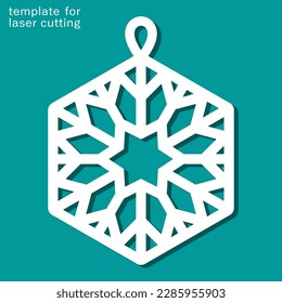 Hexagonal snowflake pendant. Hanging decoration with a geometric pattern of lines, stars. Template for plotter laser cutting of paper, fretwork, wood carving, metal engraving, cnc. Vector illustration