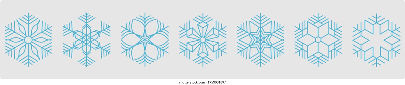 Icono de copos de nieve exagerados con pestañas geométricas azules sobre fondo gris 