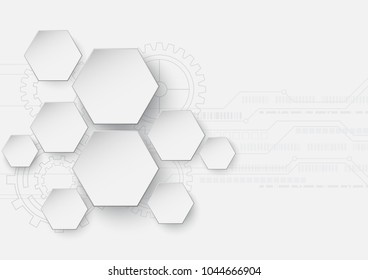 Hexagonal solids with circuit and cogwheel line,Technology abstract and engineering concept, Vector illustration.