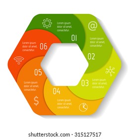 Hexagonal spiral progress steps for tutorial. Round infographic banner with 6 options. Circular number banner template for diagram or chart. Business concept sequence banners. EPS10 workflow layout.
