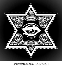 Hexagonal Star With All Seeing Eye And Waves. Shield Of David.Star Of David. The Seal Of King Solomon. New World Order. Eye Of Providence. Vector Isolated Illustration. Conspiracy Theory