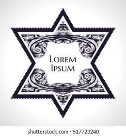 Hexagonal star with frame and waves. Shield of David.Star of David. The seal of king Solomon. Vector isolated illustration.