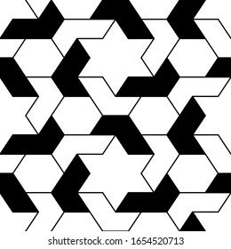 Hexagonal, star shapes wallpaper. Ethnic backdrop. Stars, hexagons, figures ornament. Seamless pattern. Geometric background. Polygons motif. Digital paper, abstract.