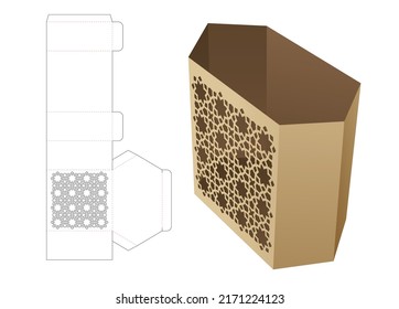 Hexagonal stationery box with stenciled Arabic pattern die cut template and 3D mockup
