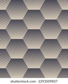 Hexagonal Structure with Hatching Seamless Pattern Geometric Abstract Background. Retro Futuristic Style Graphic Design Textile Print Repetitive Wallpaper. Striped Halftone Art Continuous Abstraction