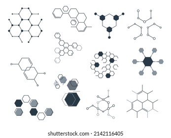 Estructuras hexagonales. Símbolos moleculares químicos. Signos de tecnología científica. Construcciones complejas. Resumen de la conexión de formas geométricas. Celda de cristal molécula. Vector