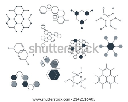 Hexagonal structures. Chemical molecular symbols. Science technology signs. Complex constructions. Abstract geometric shapes connection. Molecule crystal cell. Vector