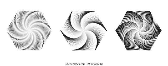 Hexagonal swirl, abstract halftone dotted Fibonacci spiral patterns in black and white vector art.