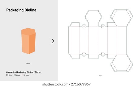 Caja alta hexagonal Dieline Plantilla de embalaje única de 6 lados con solapas de bloqueo